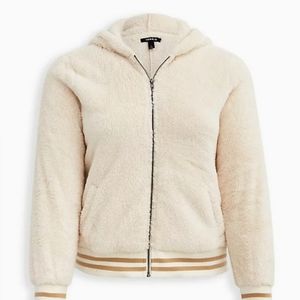 Ivory Sherpa Torrid Varsity Bomber Hooded Full Zip Jacket